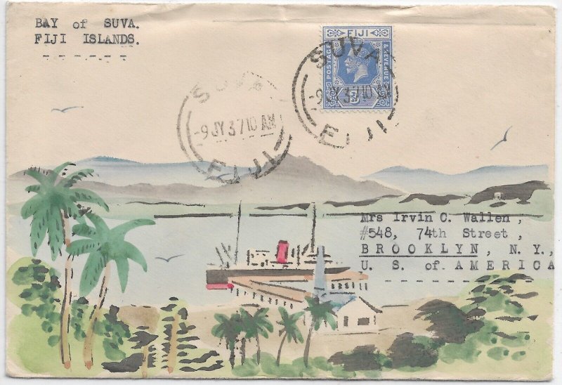 Karl Lewis Hand Painted, Bay of Suva, Fiji to Brooklyn, NY 1937 (hk0001)