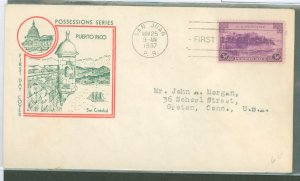 US 801 1937 3c Puerto Rico (part of the US Possession Series) on an addressed (typed) FDC with a Fidelity cachet