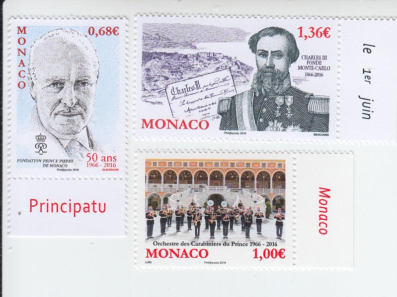 2016 Monaco Anniversaries (3) (Scott 2837-39) MNH