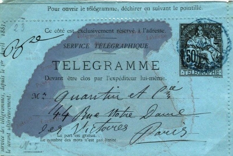 FRANCE Postal Stationery TELEGRAM Telegraph Paris 1883 {samwells-covers} SN24