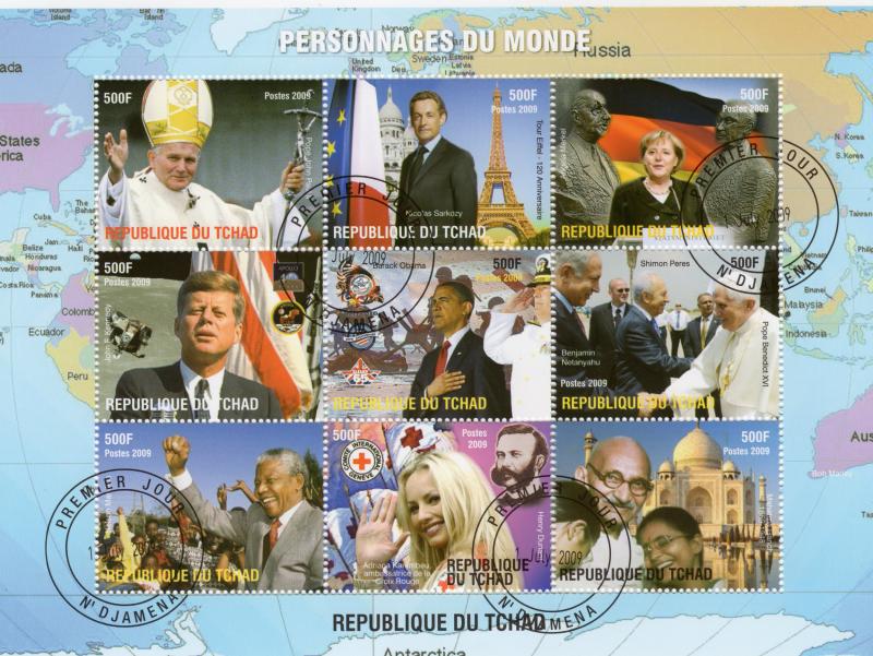 Chad 2009 World Personalities Merkel/Obama/Mandela Sheetlet (9) Fine Used