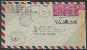 US 829 1938 Overpaying 70c airmail rate by 5c to Istanbul Egyptian censor tape.  Cairo & Istanbul back stamps.