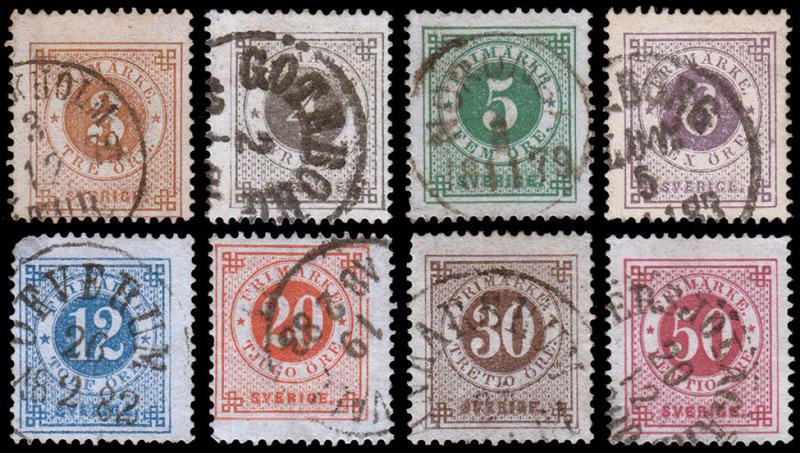 Sweden Scott 28-33, 35-36 (1877-79) Used H F-VF CV $28.50 B