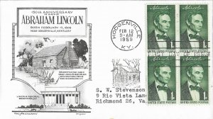 1959 FDC, #1113, 1c Abraham Lincoln, Aristocrats-Lowry, block of 4