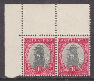 South Africa Sc 48 MLH. 1934 1p Drommedaris Sheet Corner Pair, Damaged Frameline