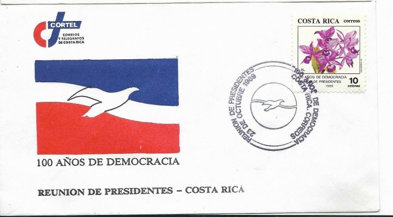 COSTA RICA 1989 100 YEARS OF DEMOCRACY PRESIDENT MEETING FLOWERS ORCHIDS FDC 