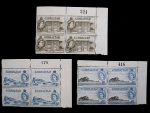 GIBRALTAR - SCOTT# 135,137,140 - PLT BLOCKS 4 - MNH - CAT VAL $43.00