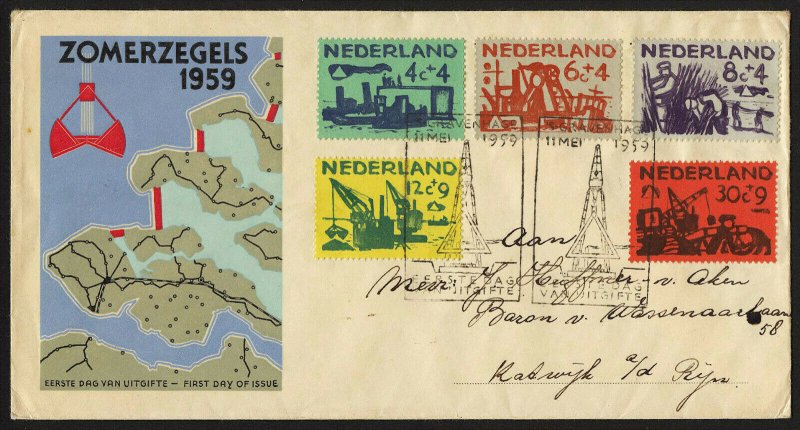 wc068 Netherlands 1959 Land Sea Struggle semipostals set FDC first day cover