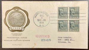 828 Rice cachet Benjamin Harrison, Presidential Series  FDC 1938 w/Block of 4