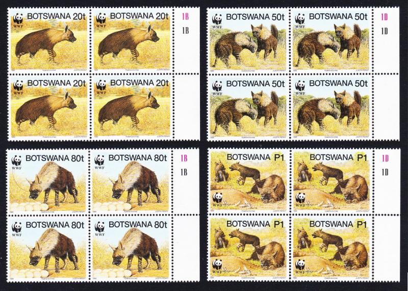 Botswana WWF Brown Hyena 4v Blocs of 4 margins inscripts SG#809/12 SC#586 a-d