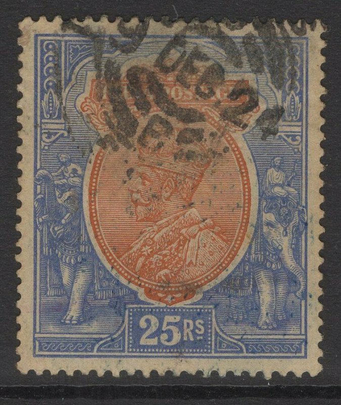 INDIA SG191 1913 25r ORANGE & BLUE USED THINNED