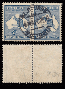 Australia 1915 'roo, wmk 9, 2 1/2d pair Sc 39. uvf