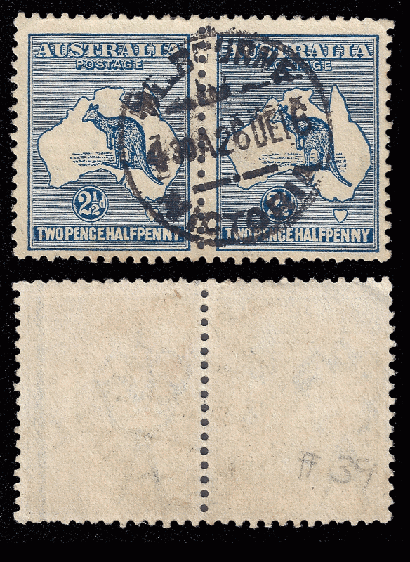 Australia 1915 'roo, wmk 9, 2 1/2d pair Sc 39. uvf