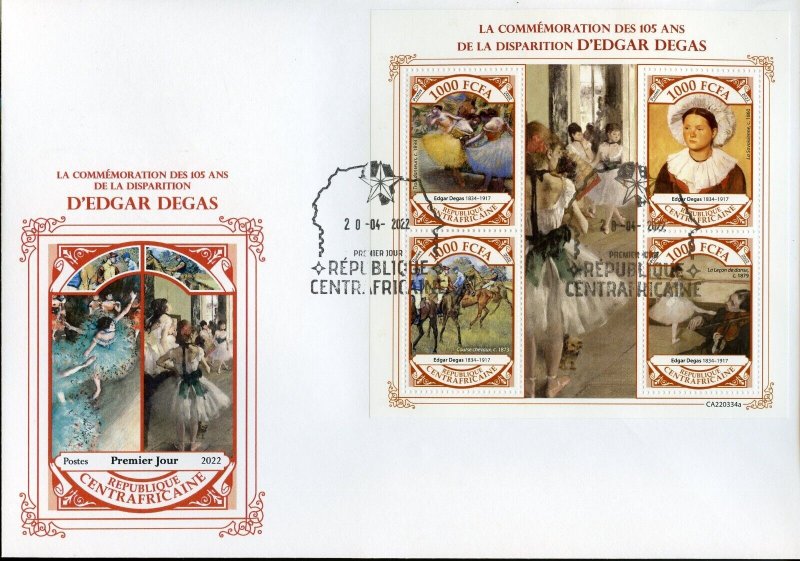 CENTRAL AFRICA 2022 105th MEMORIAL OF EDGAR DEGAS SHEET FIRST DAY COVER