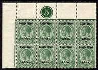 South West Africa 1923 KG5 1/2d green NW plate 5 block of...