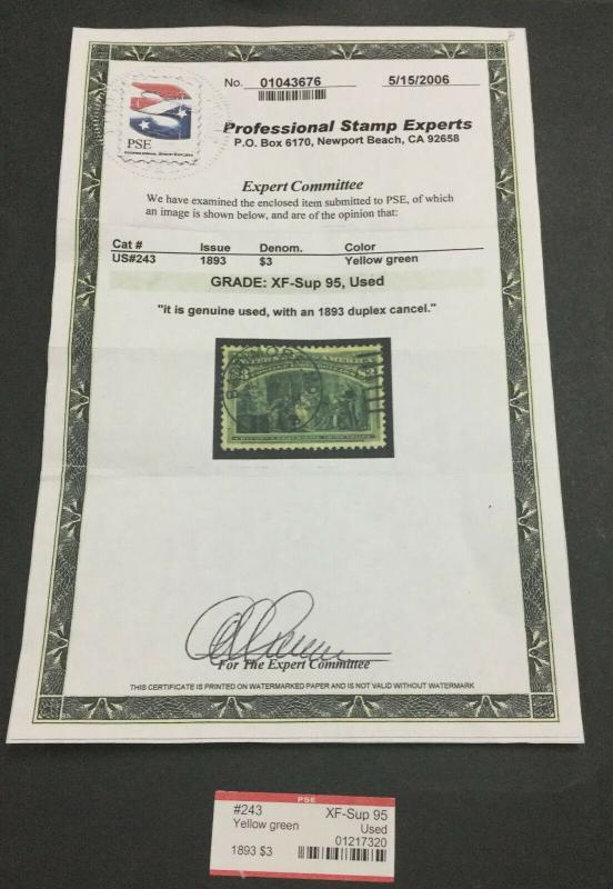 MOMEN: US STAMPS #243 USED PSE GRADED CERT XF-SUP 95