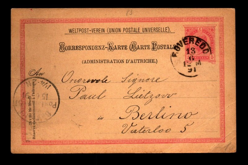 Austria 1890s 5KR Postal Card to Berlin / Corner Creases - L11334