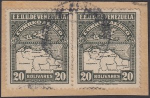 Venezuela 1930 20b Grey Green. Used pair on piece. Scott C16, SG 410