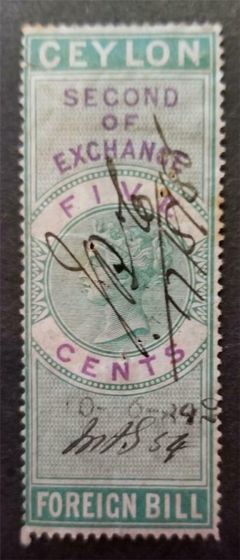 CEYLON Revenue Stamp Foreign Bill Second of Exchange Used Five Cents BOB T2719