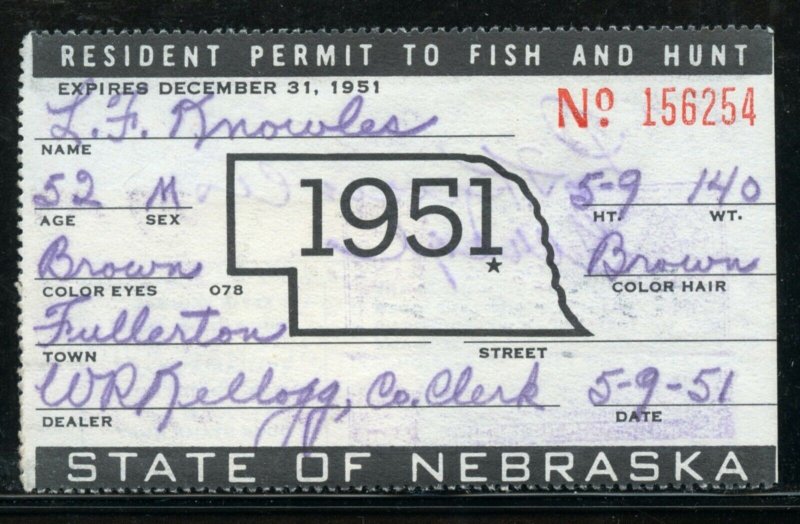 US Scott RW18 on Nebraska 1951 Hunting & Fishing License