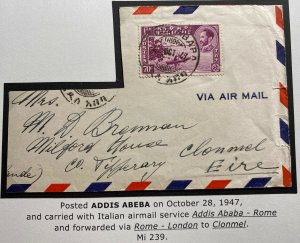 1947 Addis Ababa Ethiopia Airmail Cover To Clonmel Ireland Sc#239