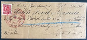 1918 Pakenham Canada Check Payment Order Cover War Tax Stamp