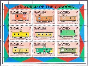 Gambia, Scott cat. 1116. Train Cabooses, sheet of 9.