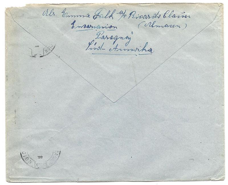PARAGUAY TO GERMANY 1927-39 INTERIOR OFFICE ISSUES ON COVER, 50c+2x19 RATE RED C