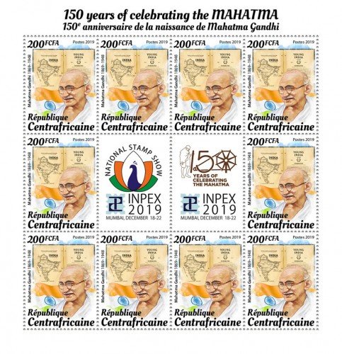 C A R - 2019 - Mahatma Gandhi - Perf 10v Souv Sheet  - M N H