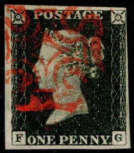 SG2, 1d black PLATE 2, FINE USED. Cat £375. RED MX. 4 MARGINS. FG