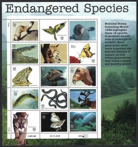 United States #3105 32¢ Endangered Species (1996). Full mini-sheet. MNH