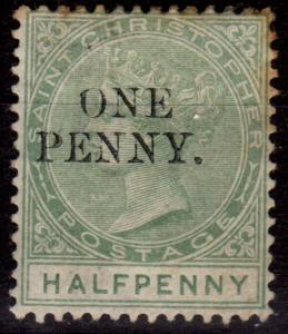 St Christopher 1887 1d on 1/2d Dull Green SG26var No Bar Through Original Value