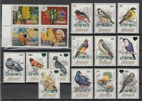 Aitutaki, Scott cat. O17-O33. Official Green o/prints on Bird & W. Bligh issue.*