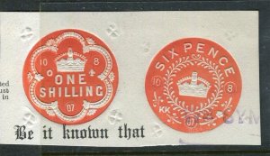 BRITAIN; 1907 early classic Embossed REVENUE Pair on PIECE fine used item