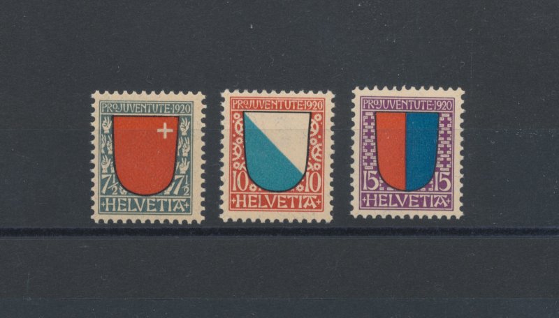 1920 SWITZERLAND, Pro Juventute - Cantonal Coat of Arms, No. 176/78 - 3 values,