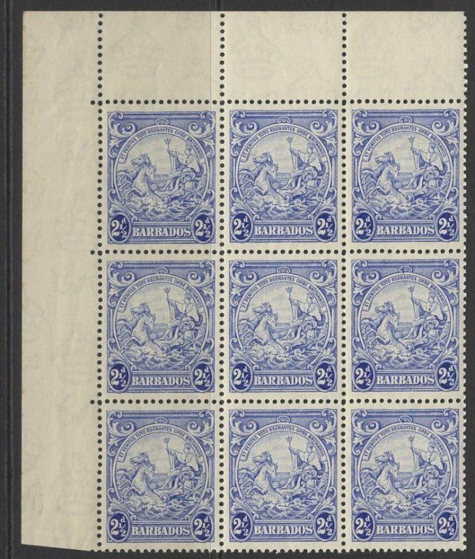 BARBADOS SG251x6, 251ax3 1938 2½d MARK ON CENTRAL ORNAMENT(x3) IN MNH BLOCK OF 9