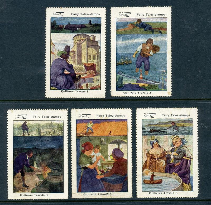 Wentz Complete Gullivers Travels Set of 5 Large Cinderella POSTER STAMPS (Lot W7