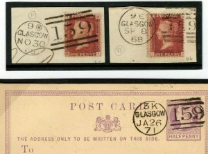 GB SCOTLAND {3} RARE GLASGOW *BARRELL* DUPLEX Pieces{2} & Card 1868-71 13c.20 
