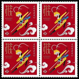 Canada 2884 Lunar New Year Monkey 'P' block (4 stamps from sheet) MNH 2016