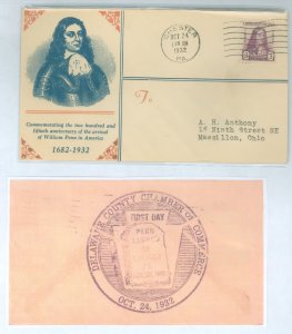 US 724 1932 3c William Penn commemorative (single) on an addressed FDC  with two cachets. Linprint + The Phila. record stamp clu