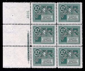 US #E7  MNH 1908 10c DL Wmk  SPECIAL DELIVERY Pristine Plate Block of Six....[A]