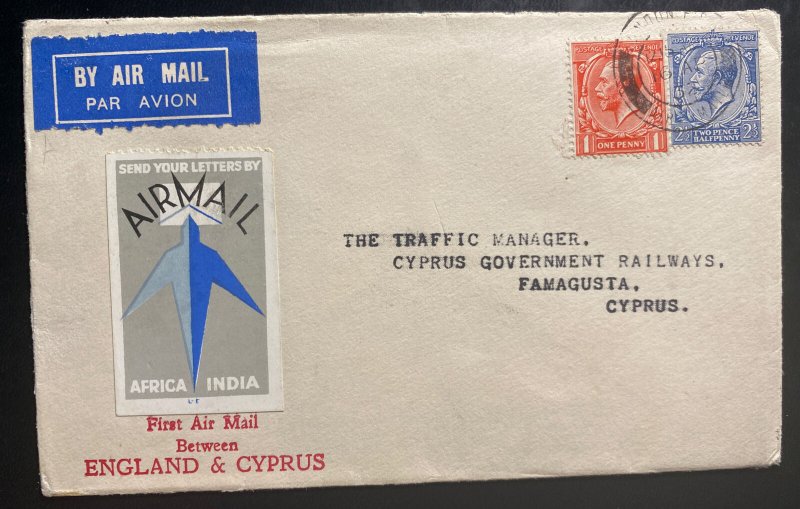 1932 London England airmail First Flight Cover FFC To Famagusta Cyprus 75 Flown 