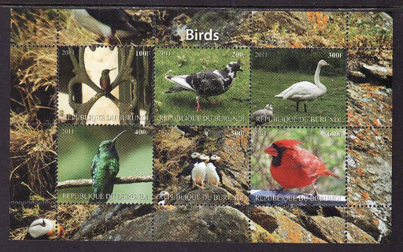 D2-Burundi-unused NH sheet of 6-Birds-Cardinal-2011-issue n