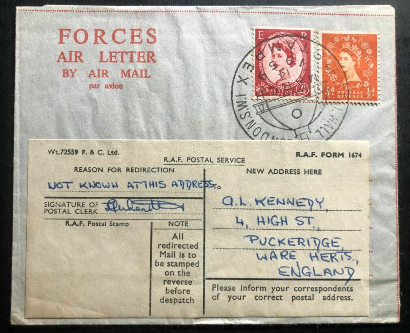 1959 England RAF Forces Redirected Air Letter Cover To Puckeridge