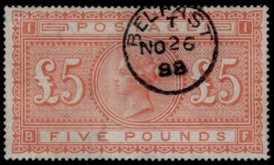 GB QV SG133, SCARCE £5 orange BLUED PAPER, VERY FINE USED. Cat £9000. CDS BF