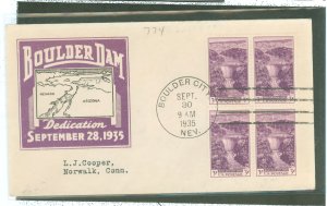 US 774 1935 3c Boulder Dam Dedication bl of four on an addressed (stencil) FDC with an Ioor cachet