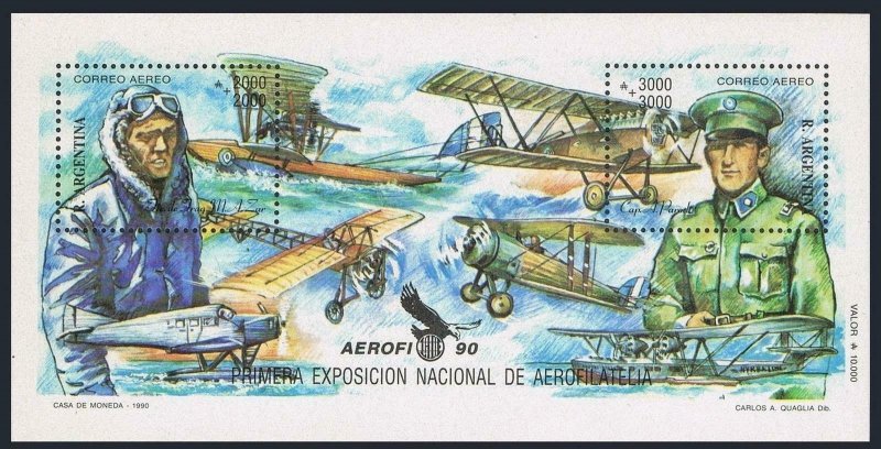 Argentina B151 sheet,MNH.Mi 2029-2030 Bl.41. EXPO Aero-philately-1990.Aviators.