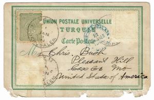 Turkey 1900 UPU Card to USA, torn through stamp - Z405