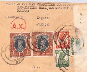 INDIA WW2 Cover RED CROSS Madras CENSOR 1945 *TAXE* 57c Air Mail Geneva PJ221