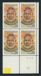 1989 Ernest Hemingway Plate Block Of 4 25c Postage Stamps, Sc#2418, MNH, OG